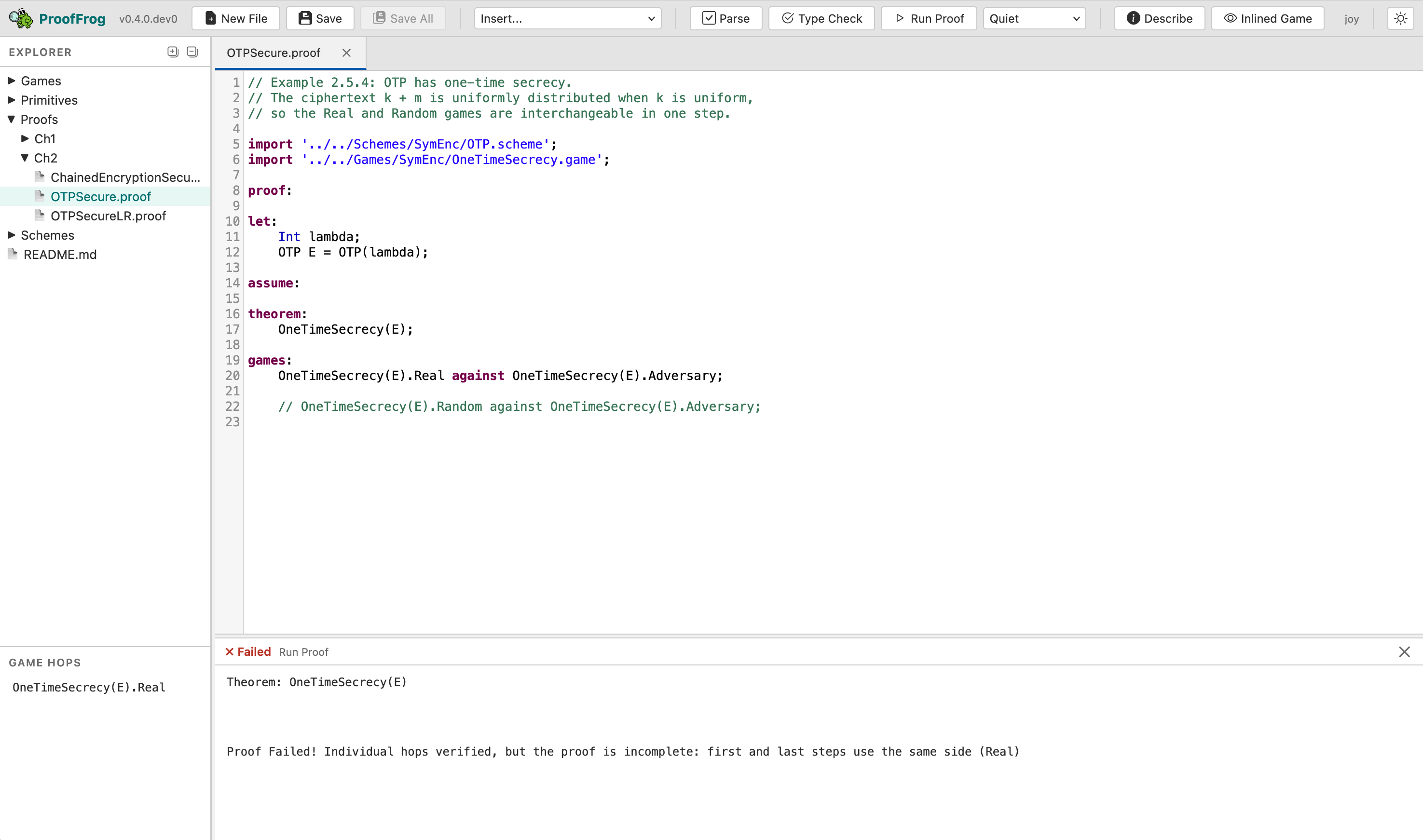 Failed proof of OTPSecure.proof with a line commented out